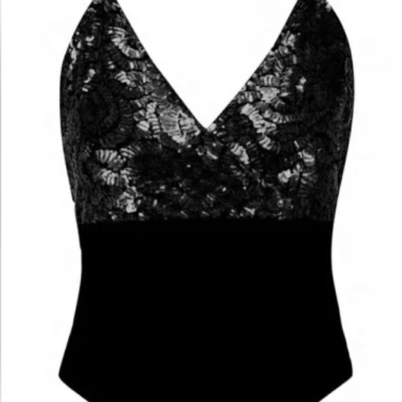 BooHoo Black Sequin Bodysuit Faux Wrap Mesh Base Top Size 18 US 22 UK New - Picture 16 of 16